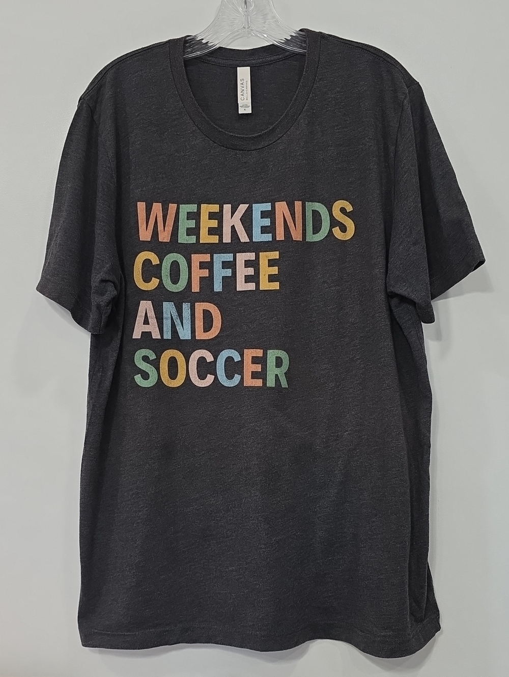 Bella + Canvas Women's XL Dark Gray Tee 'Weekends Coffee and Soccer' T19
